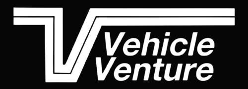 White Vehicle Venture text with an angular, stylized V graphic above and to the left, all on a solid black background.