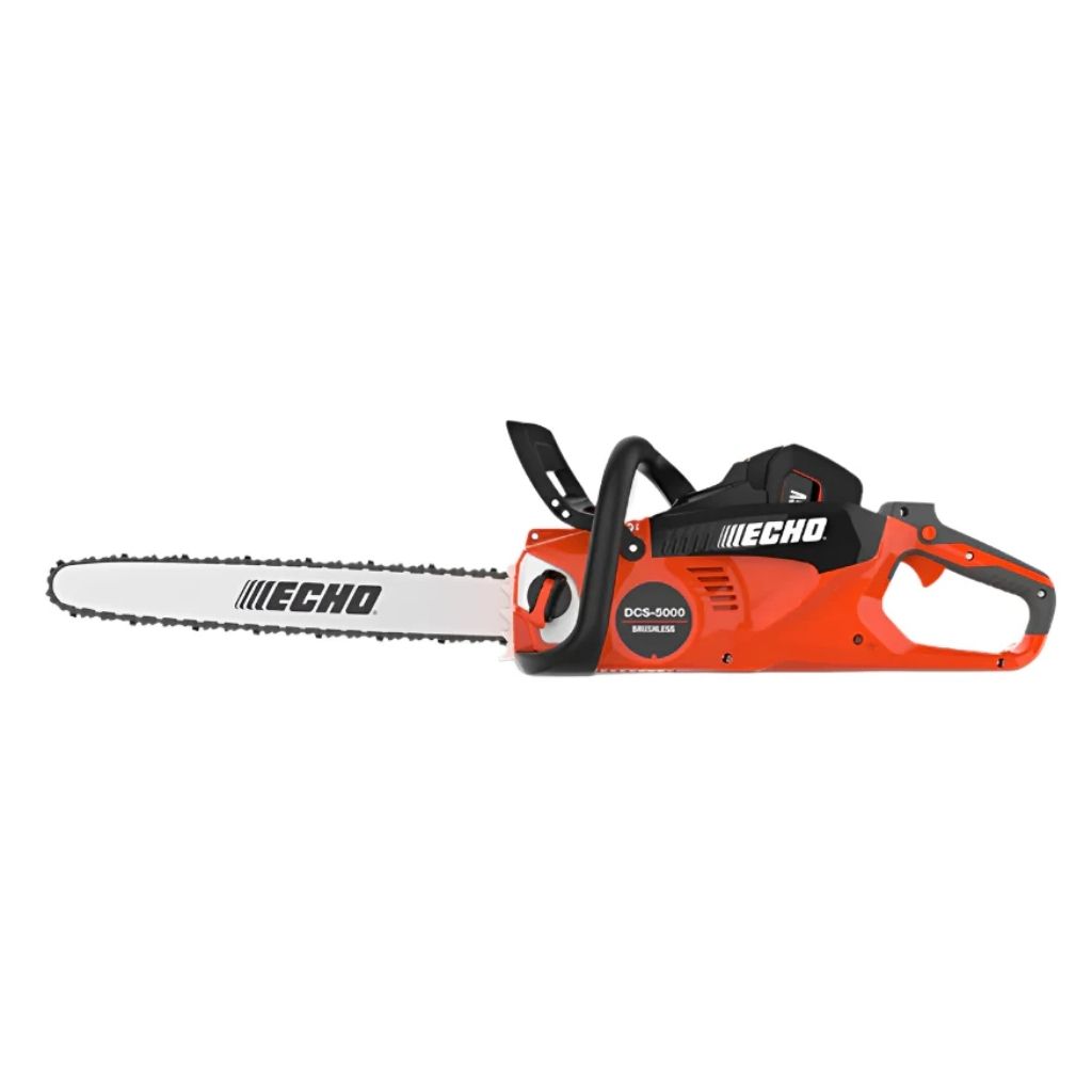The Echo DCS-5000-18 56V 18" Rear Handle Chain Saw with charger is shown in a side profile, featuring a long serrated blade and ergonomic handle.