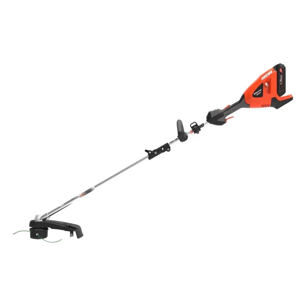 The Echo DPAS-2100SBC1 56V PAS Split Boom Trimmer with charger features a long metal shaft, adjustable handle, and a protective guard over the cutting head for efficient cordless trimming.