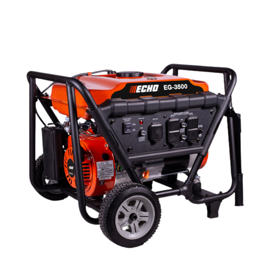 The Echo EG3500 3500W Generator, featuring wheels, a metal frame, and multiple power outlets, is displayed against a white background.
