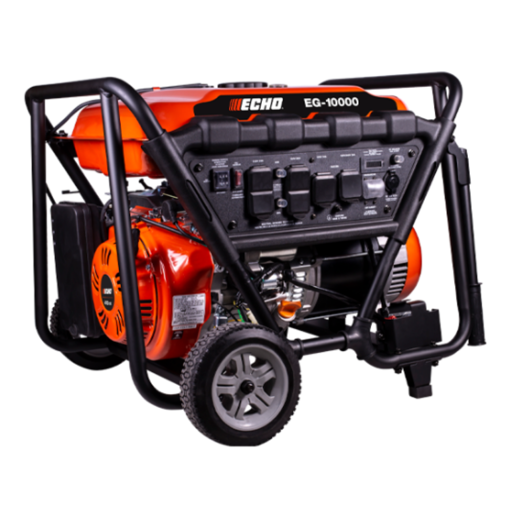 The Echo EG-10000 Generator features a control panel, wheels, and a durable metal frame, making it ideal for backup power supply.