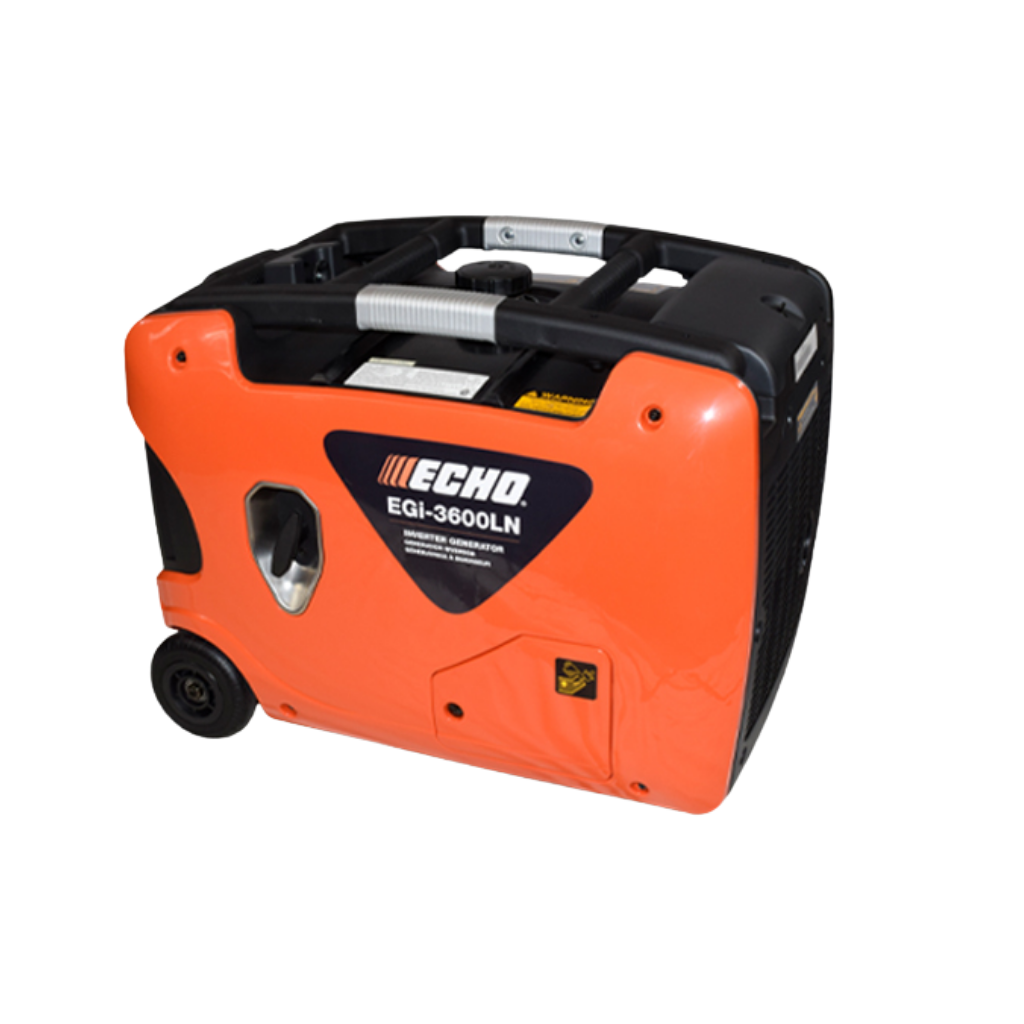 An Echo EGI3600LN Inverter 3600Watt Low Noise generator in orange and black with a handle and wheels, shown on a white background.
