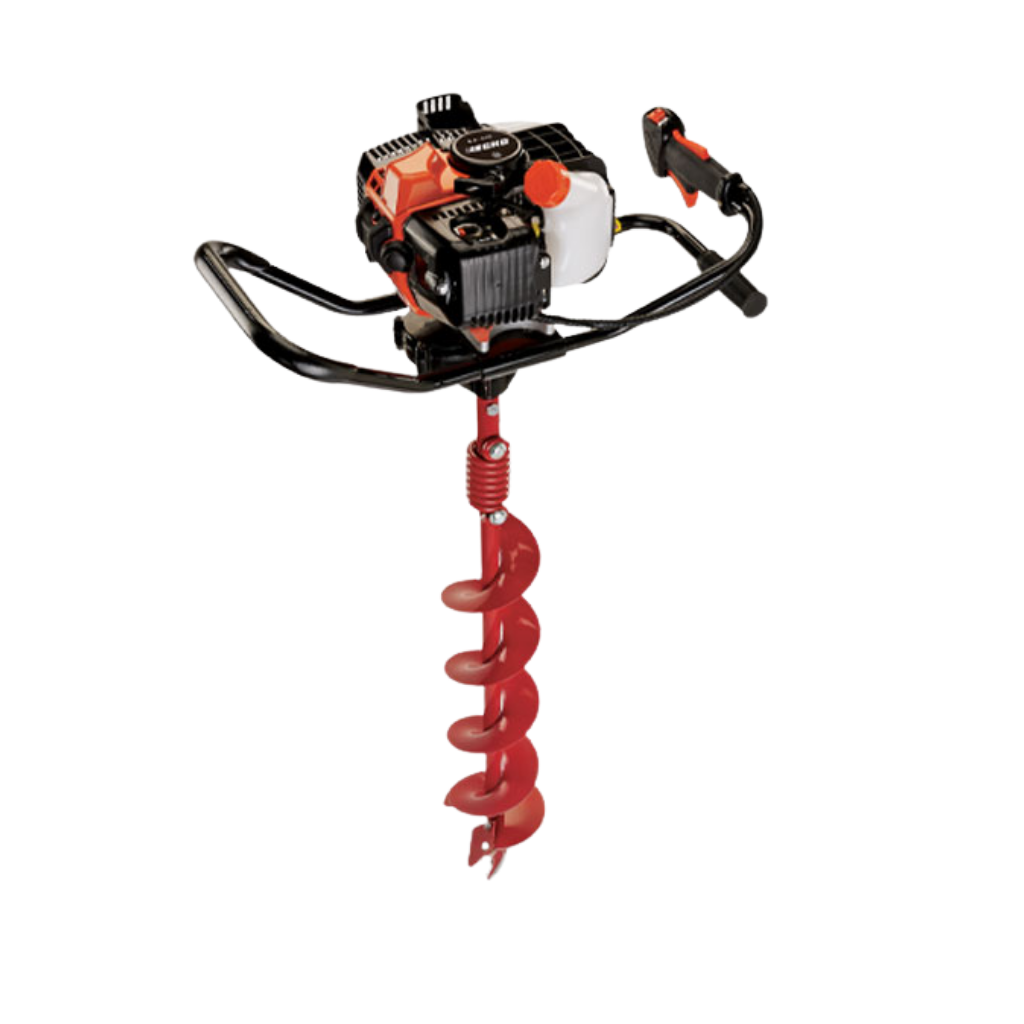 The Echo EA410 EARTH AUGER, a red and black gas-powered tool with a spiral drill bit and handle, is shown isolated on a white background.