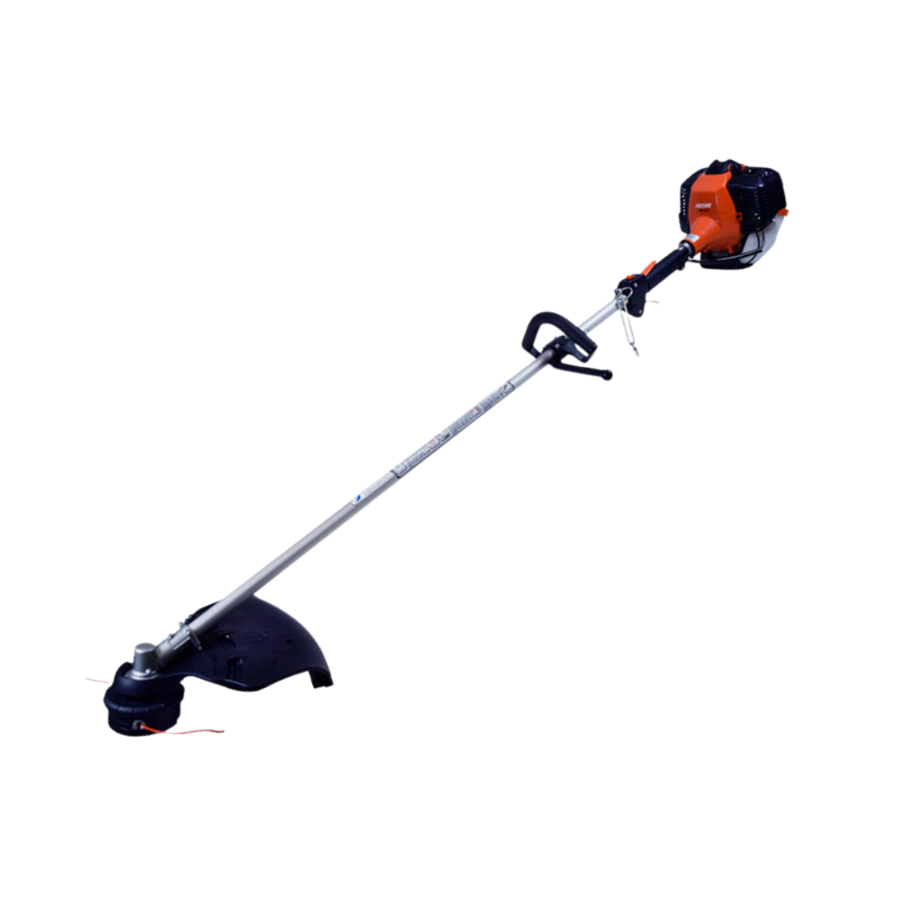 The Echo SRM-410X 42.7CC Straight Shaft Trimmer features a gasoline-powered orange and black motor, a long silver shaft, and a black cutting head.