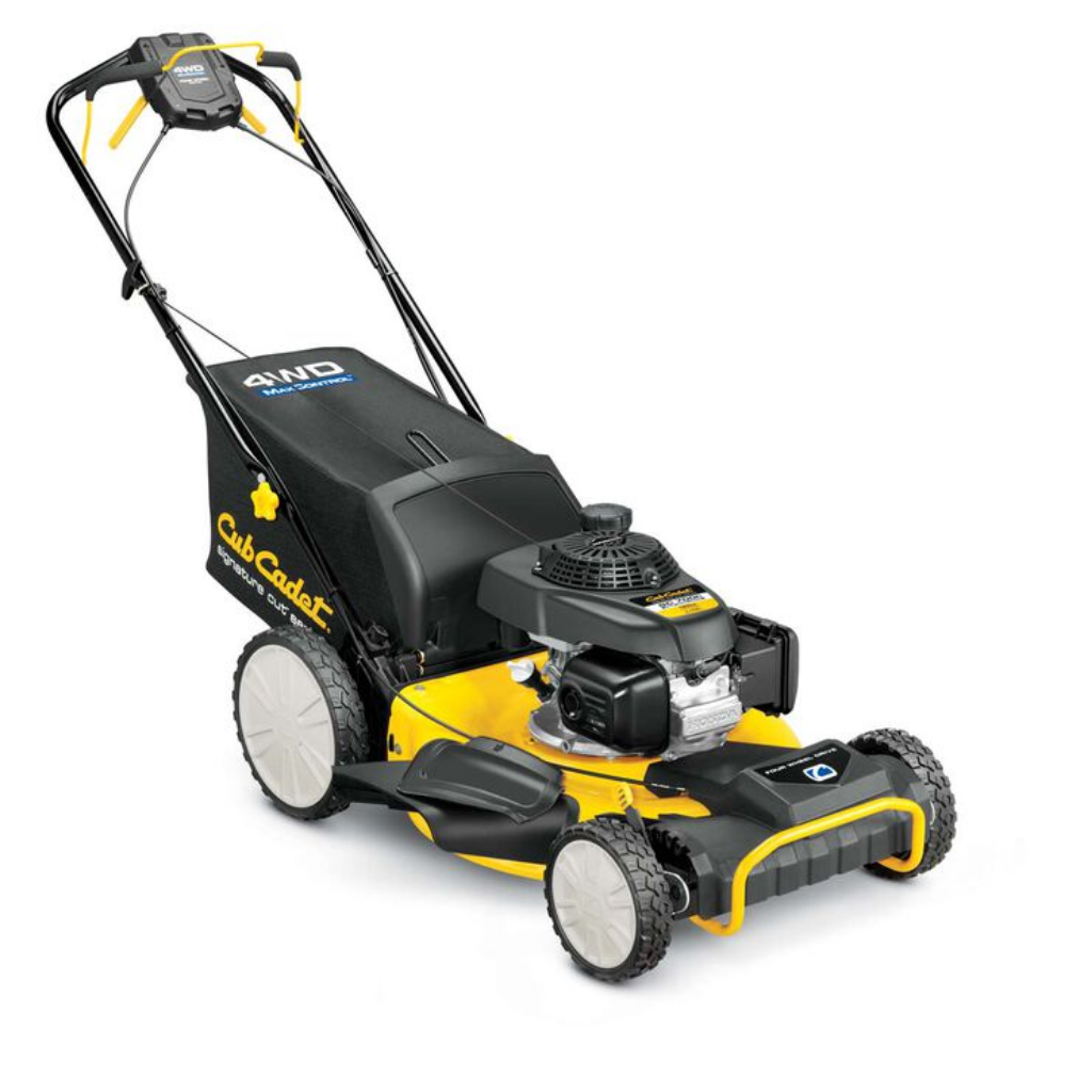 Yellow and black Cub Cadet SC 700H Series 4WD walk-behind mower with 190cc Honda engine, 21" steel deck, push handle, four large wheels, and black grass collection bag.