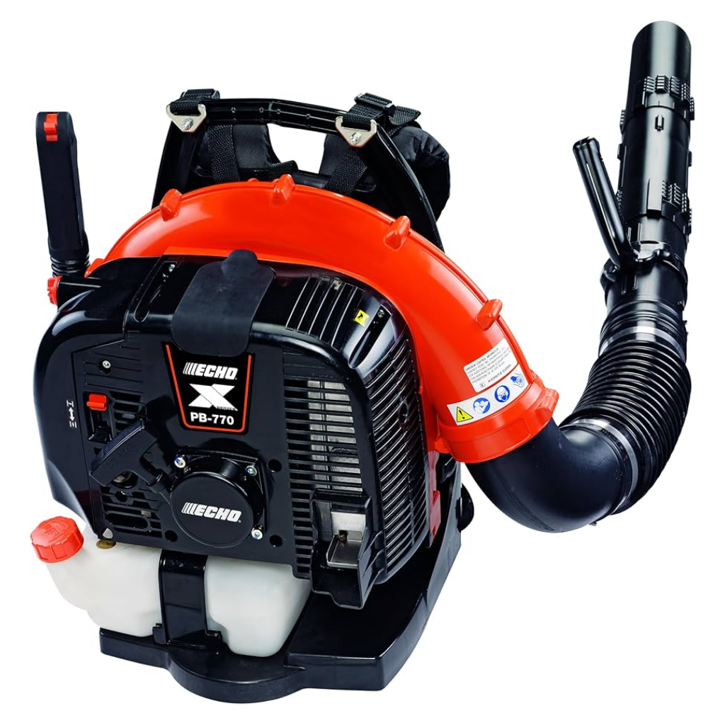 A red and black Echo PB-770T ECHO HD BACKPACK BLOWER with a 63.3cc engine, featuring a shoulder harness, fuel tank, and flexible hose attachment.