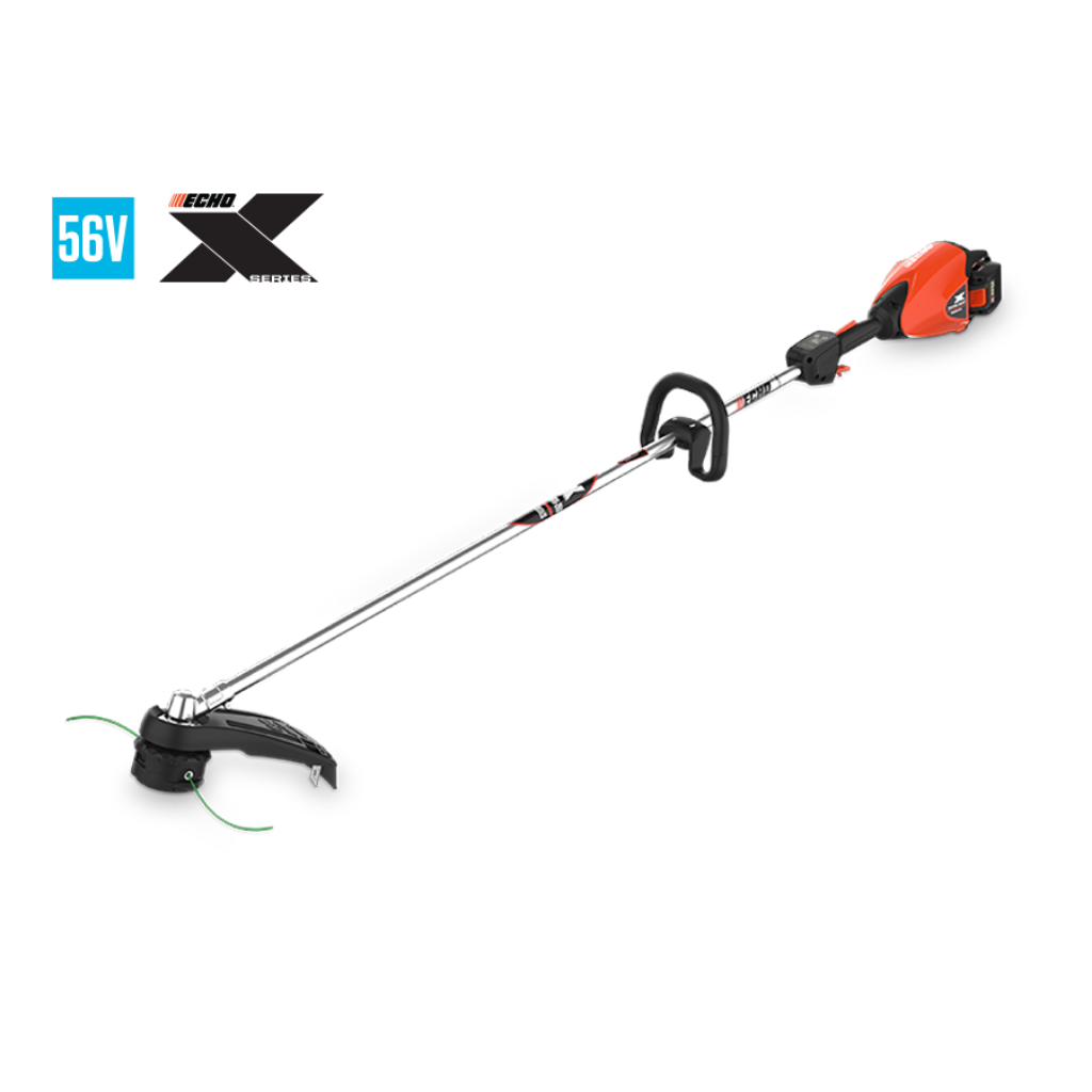 The Echo DSRM-2600C2 56V X-SERIES cordless string trimmer features a straight shaft, red and black design, and comes with a charger.