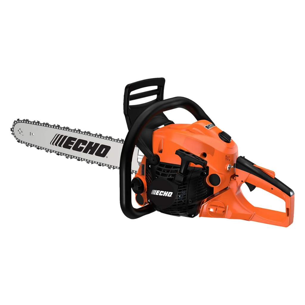An Echo CS4910-18 50.2CC 18" bar chainsaw, shown in orange and black with a metal blade and chain for cutting wood, is displayed on a white background.