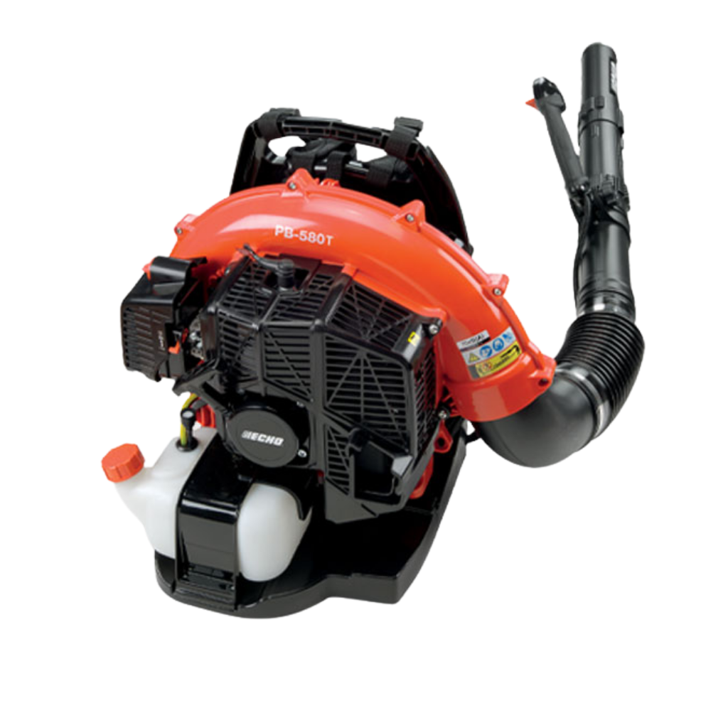 The Echo PB580T ECHO 58.22CC Backpack Blower features an orange and black design, a white fuel tank, and a flexible black tube-mounted nozzle for convenient leaf blowing.