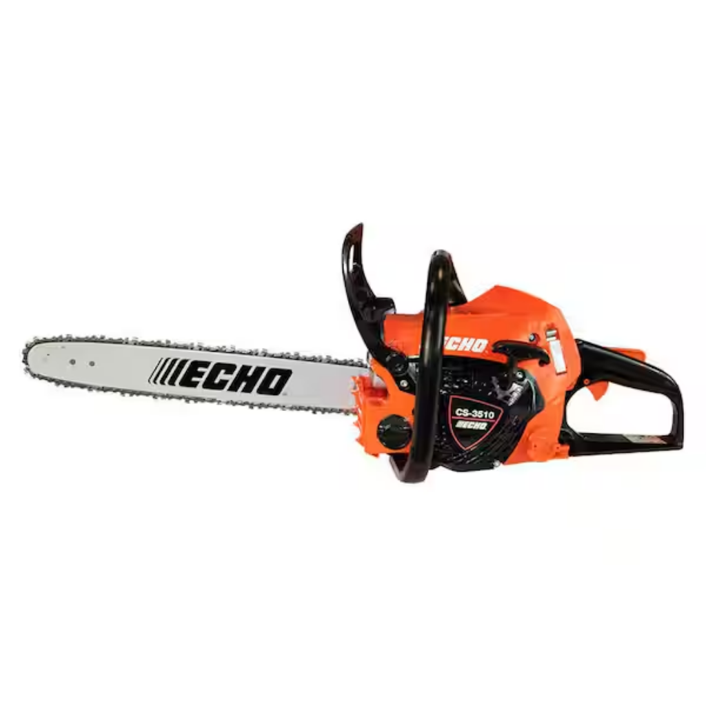 The Echo CS-3510-16 34.4CC Lightweight Chainsaw, featuring an orange body, black handle, and silver blade, is displayed on a white background.