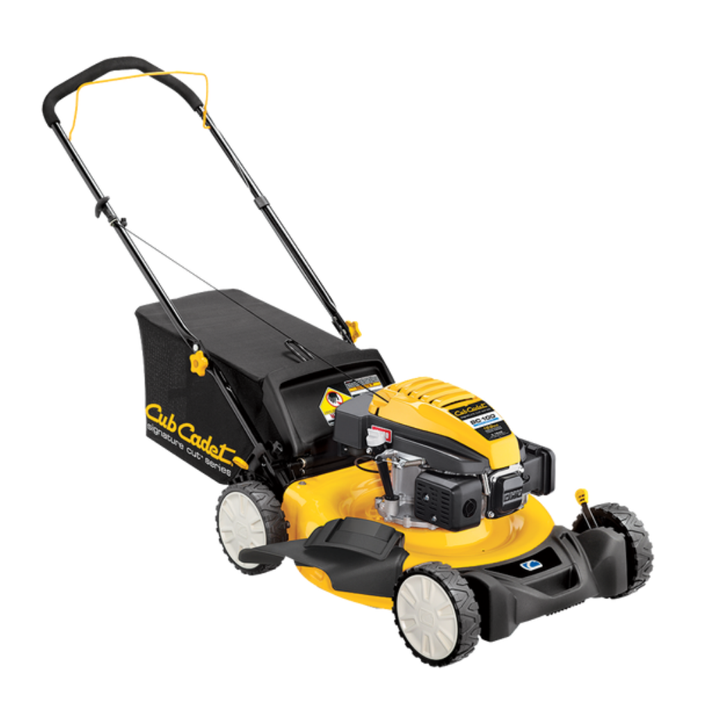 The CUB CADET SC 100HW, a yellow and black 21" deck residential walk-behind mower with auto choke and a grass collection bag, is shown on a white background.