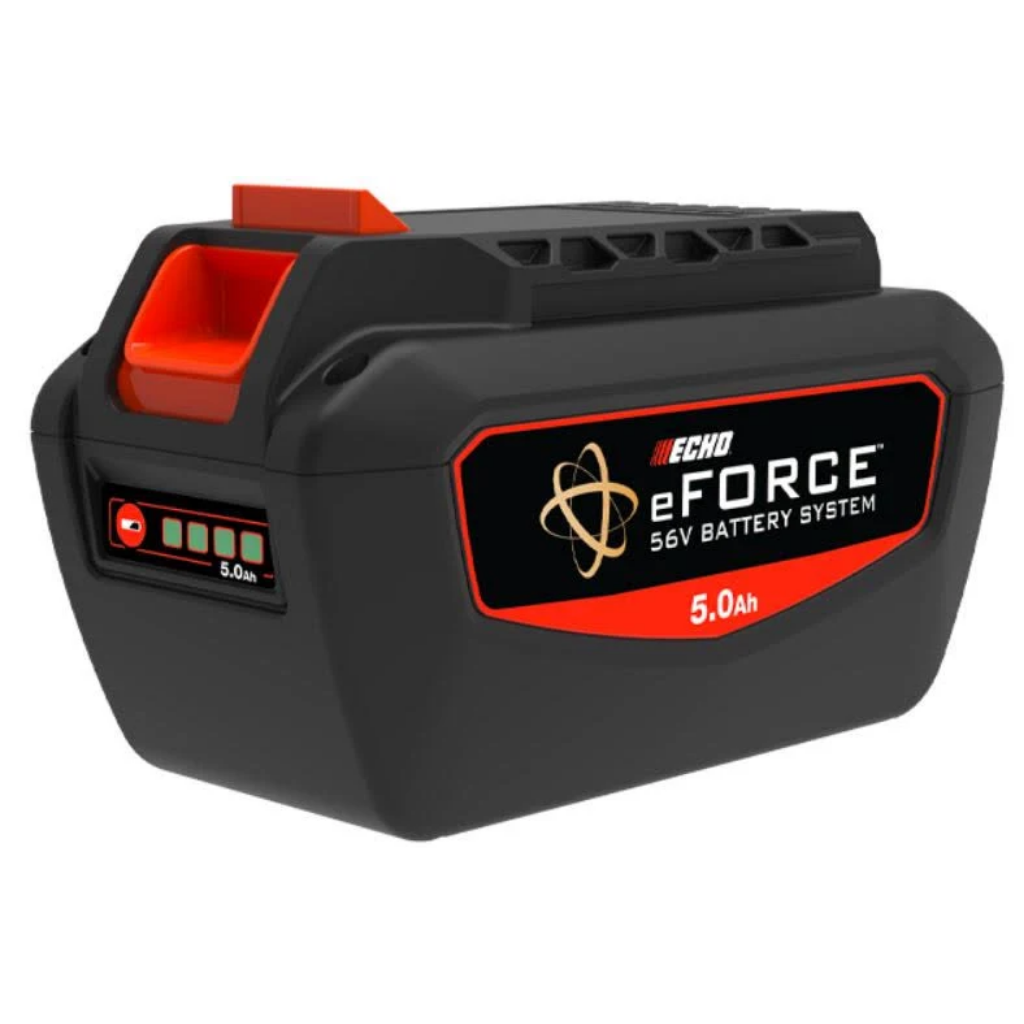 The Echo LBP-56V250A 56V 5.0Ah Lithium Ion Battery features a black and red design, a power indicator on the side, and a carrying handle on top.