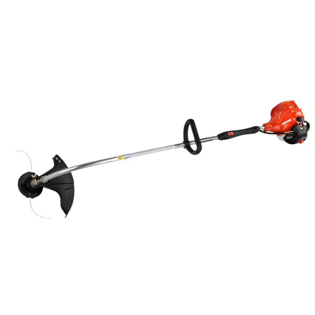 The Echo GT-225 is a gas-powered string trimmer with a 21.2cc engine, curved shaft, black handle, orange engine housing, and a protective guard over the trimming head.