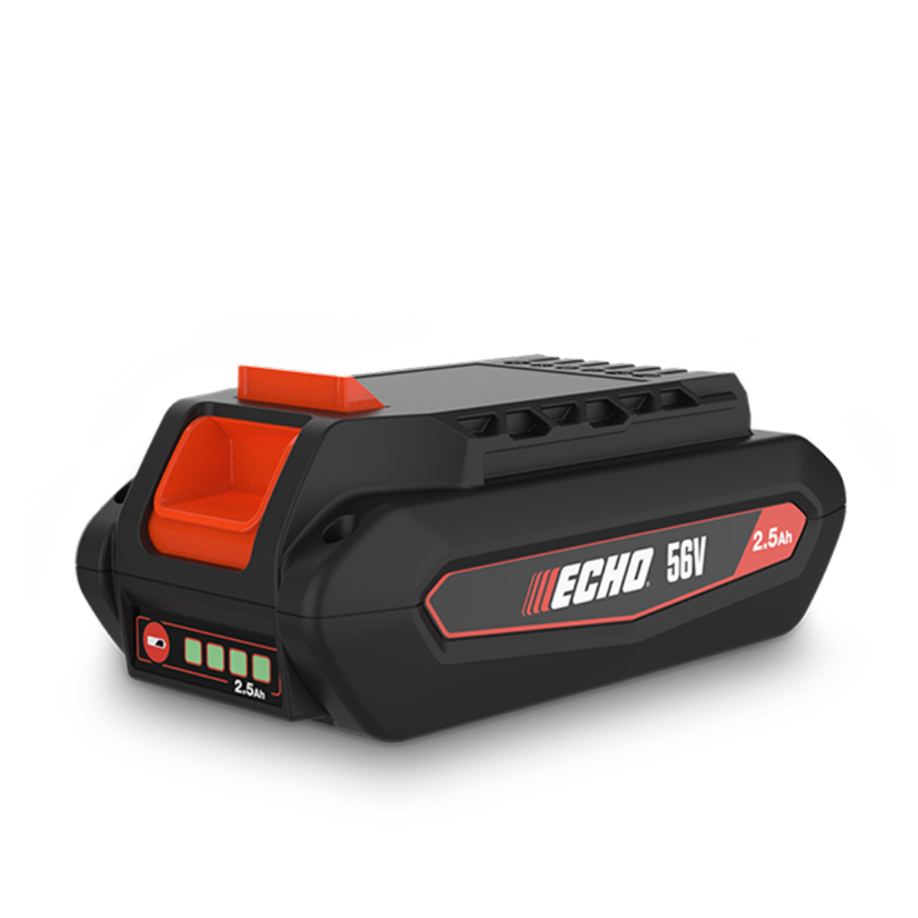 Echo LBP-56V125A 56V 2.5Ah lithium-ion battery in black and red with charge indicator and handle, shown on a white background.