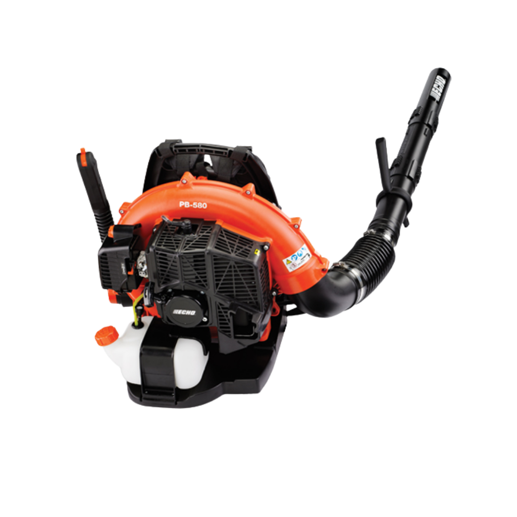 The Echo PB580H Back Pack Blower Hip Throttle 50CC has an orange and black body, shoulder straps, a control handle, and a black air tube.