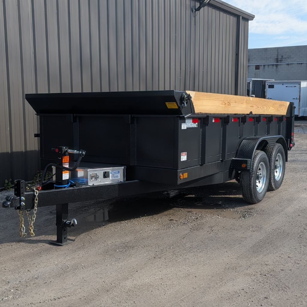 A 2026 CANADA TRAILER 83X14 DUMP 14,000 GVWR with wooden side extensions is parked on a gravel lot beside a metal building.