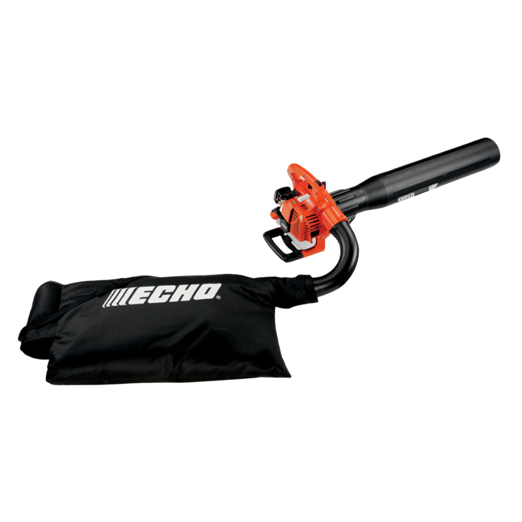 The Echo ES250 25.4cc SHRED & VAC leaf blower features an orange motor housing and a black Echo-branded collection bag attached for easy debris collection.