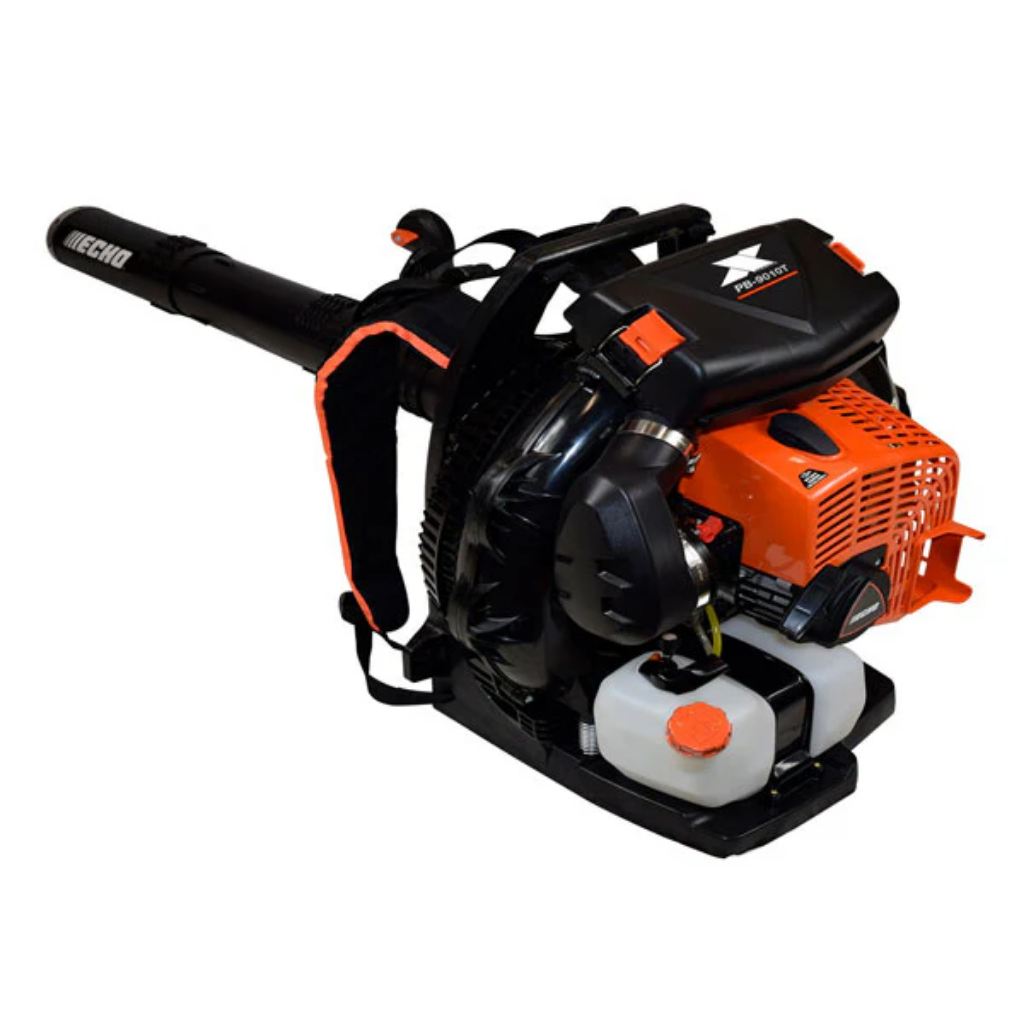 The Echo PB9010T 79.9CC Backpack Blower features a tube throttle, shoulder straps, fuel tank, and long nozzle in black and orange.
