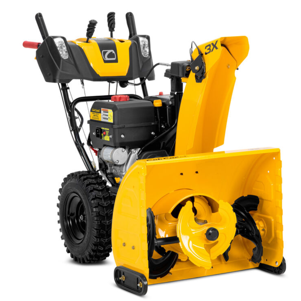 The Cub Cadet 3X™ 26" HD Snow Blower features a yellow and black design, large tires, control levers, and a front-mounted auger for heavy-duty snow removal.