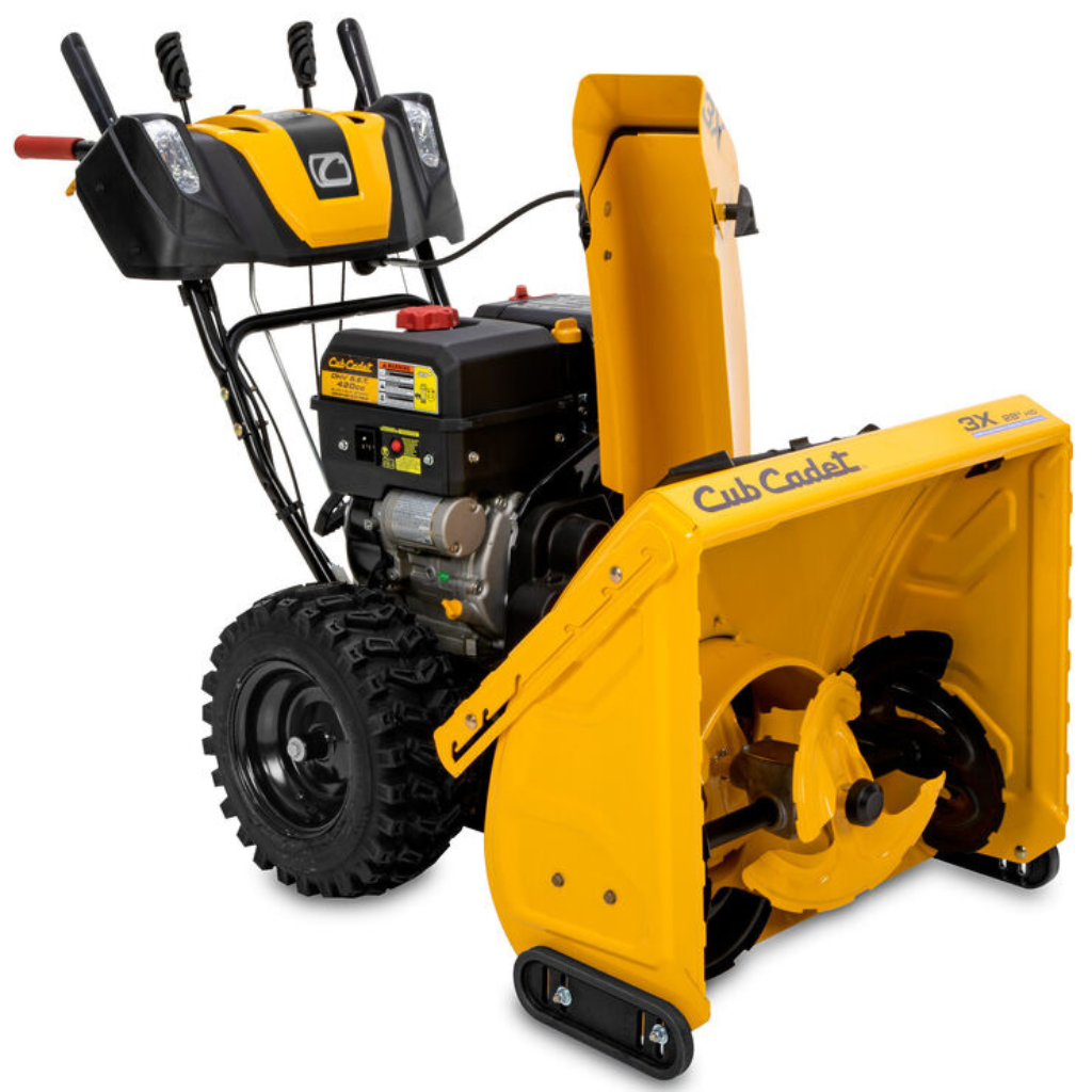 A CUB CADET SNOW THROWER 3STG:28 HD 28" in yellow, featuring black handles and large wheels, is angled to show its front auger and control panel.