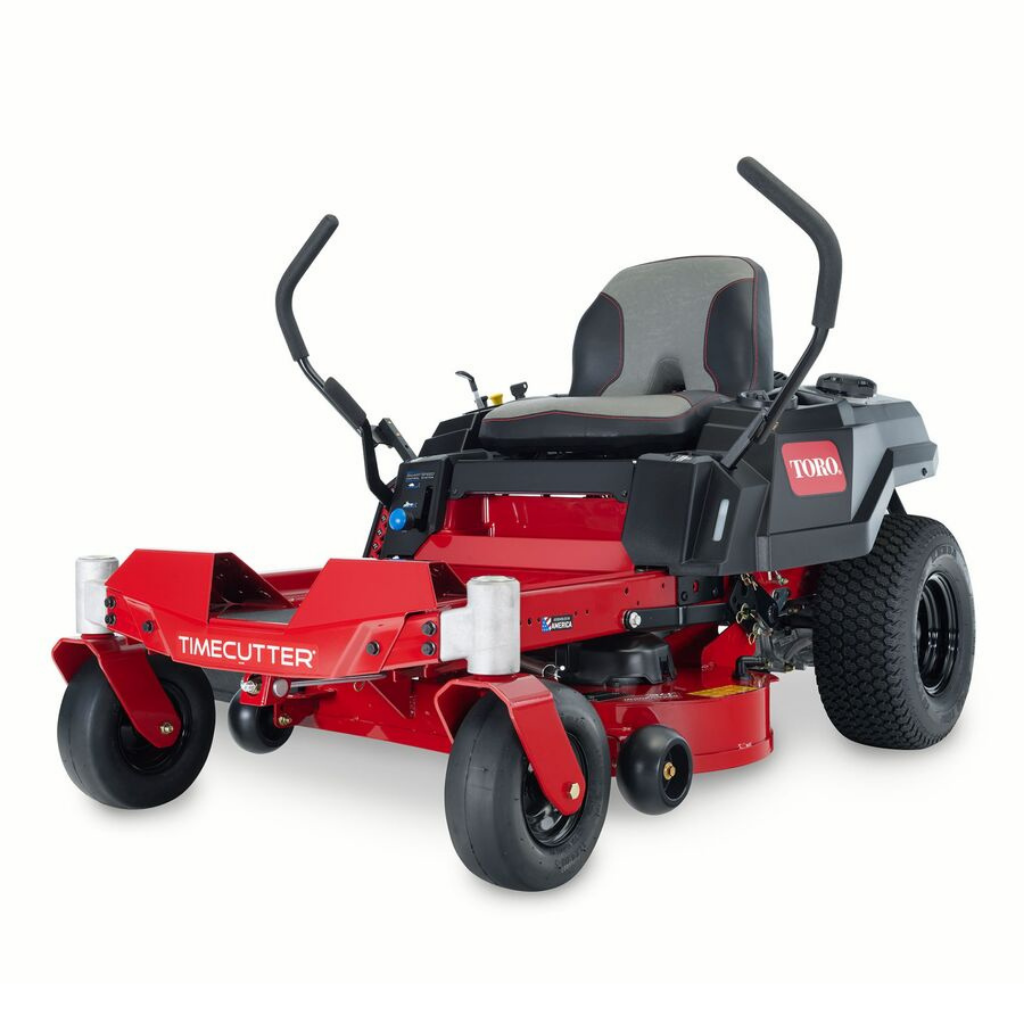 A TORO TIMECUTTER 34" FAB DECK 22 HP B/S zero-turn mower featuring a red body, black seat, control levers, and large rear tires.
