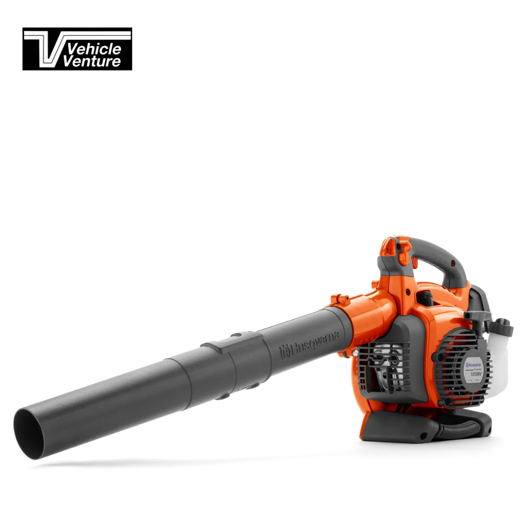A HUSQVARNA 125 BVX BLOWER, featuring an orange and black design with a long nozzle, is displayed on a white background. The Vehicle Venture logo is visible in the top left corner.