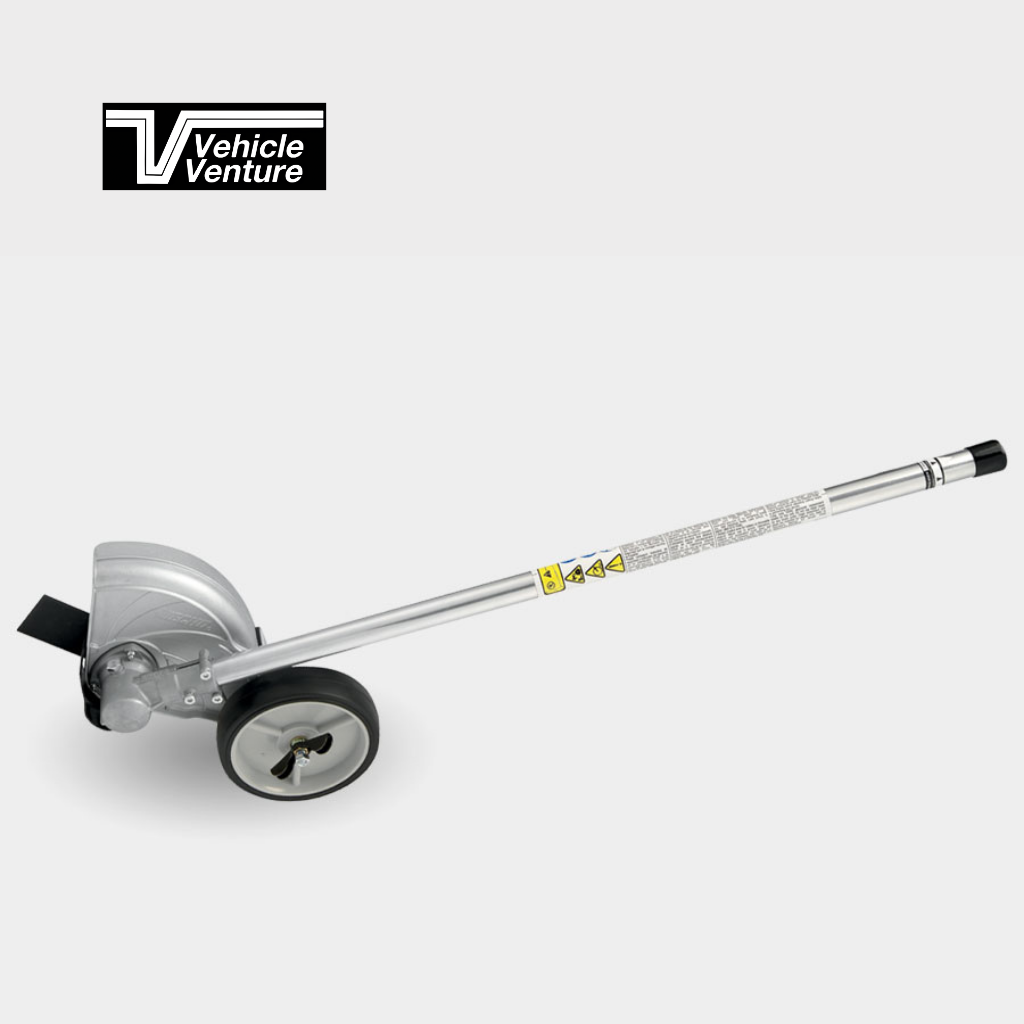 The Straight Shaft Edger Attachment, a metal handheld tool with two wheels and a long handle, is displayed on a light background with the Vehicle Venture logo in the top left corner.