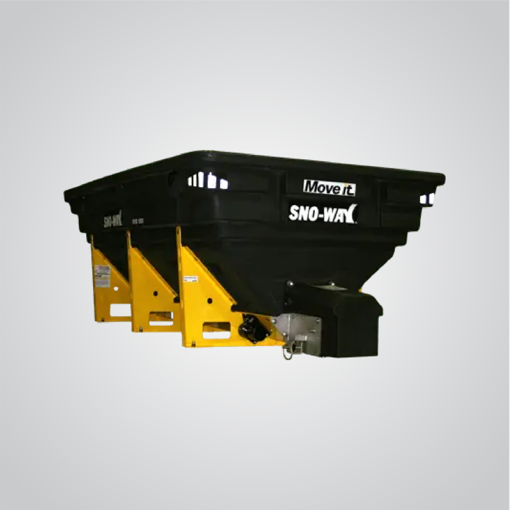The black and yellow 99101288 Sno-Way Salter Model RVB 1500 with metal attachment features a 1.5 cu. yd capacity and mounts on vehicles for efficient snow and ice control.
