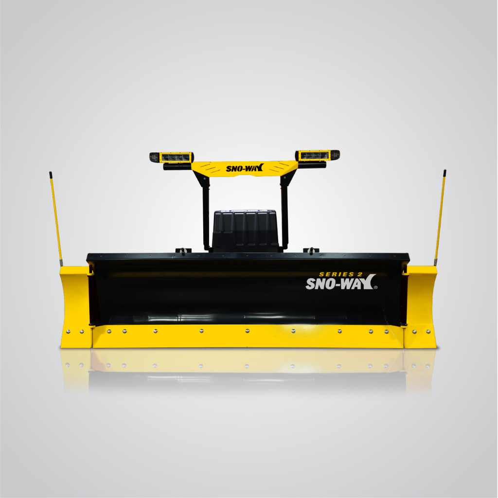 The SNOWAY 26R SERIES 2 DOWN PRESSURE HYDRAULICS snow plow attachment, in yellow and black, is displayed against a plain light gray background.
