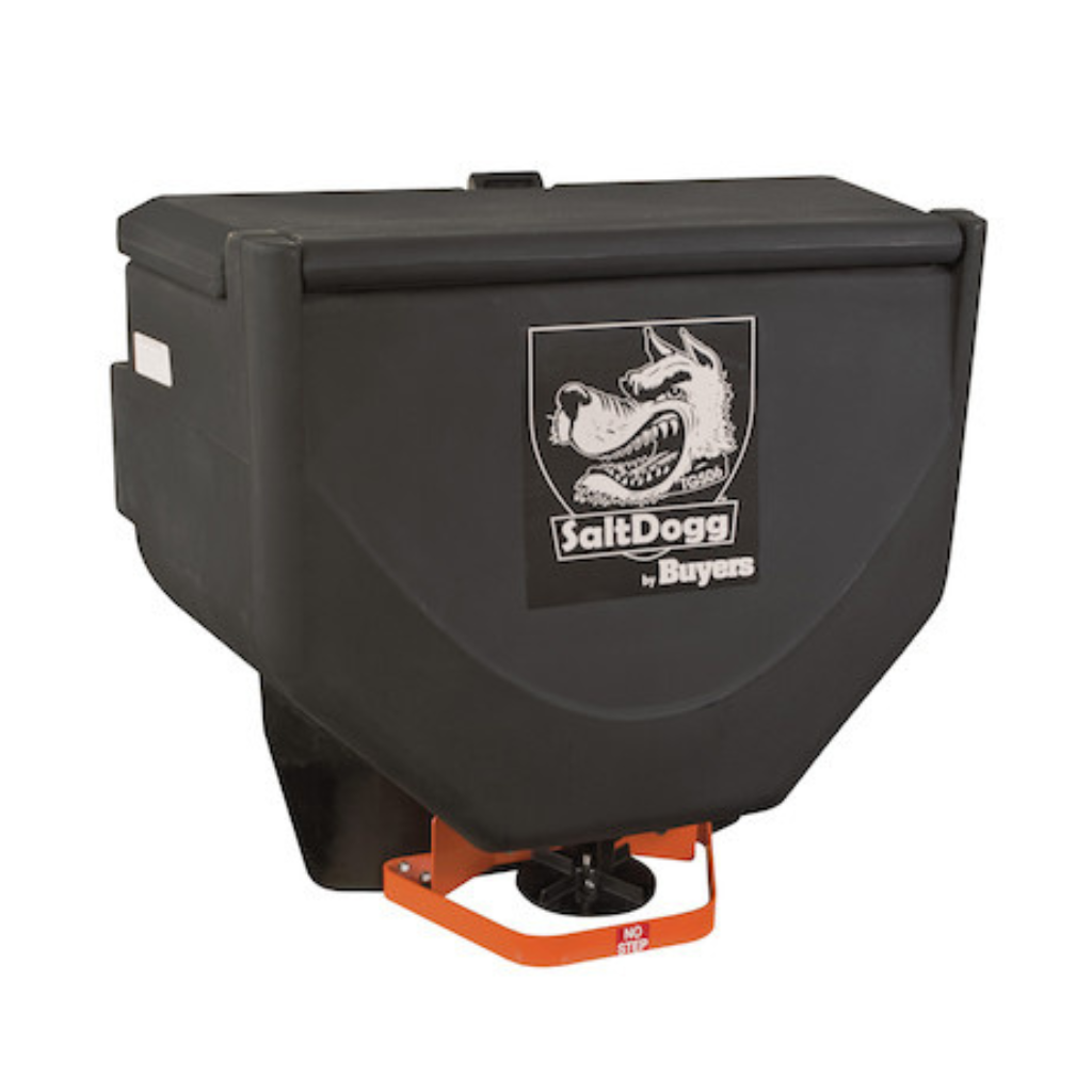 The SALTDOGG 10CUFT TAIL GATE SALT SPREADER features a dog logo on the front, an orange base, and is designed to dispense salt or sand efficiently.