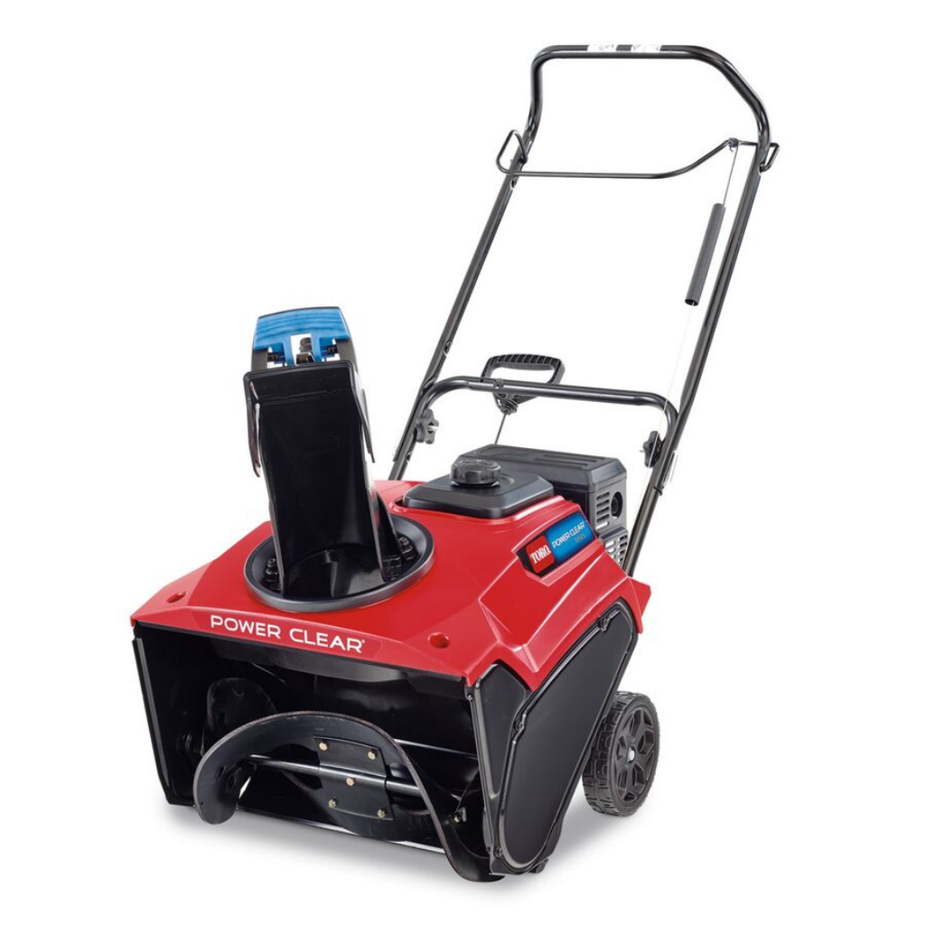 The TORO POWER CLEAR 721 R is a red and black single-stage snow blower with wheels, front chute, and push handlebar.