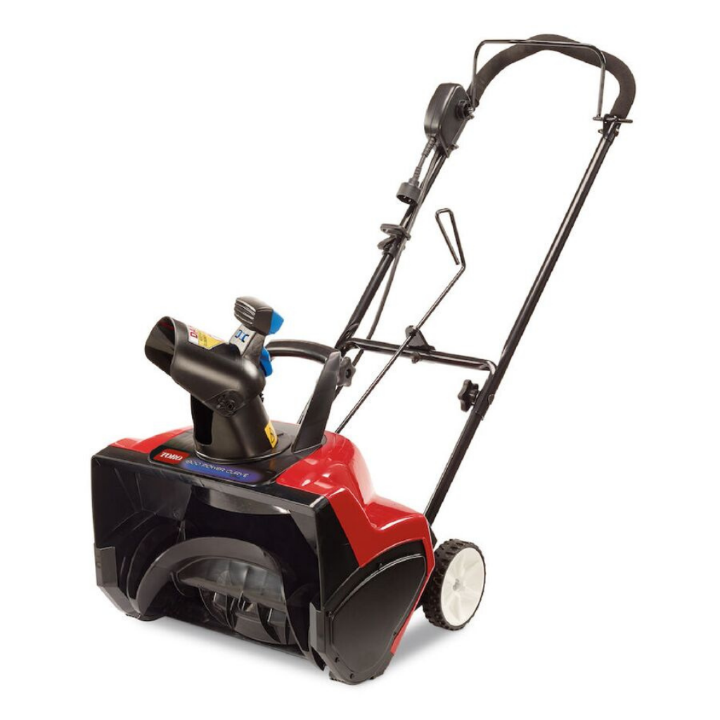 The TORO 1800 POWER CURVE is a red and black electric snow blower with a handle and two wheels, designed for clearing snow from driveways and walkways.