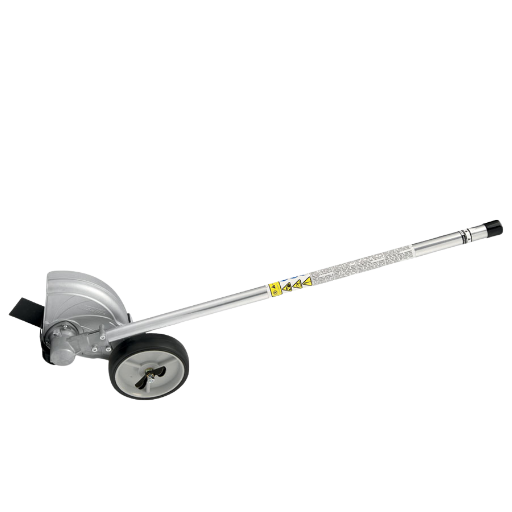 The Straight Shaft Edger Attachment, featuring a metal body, two black wheels, a cutting blade, and a long handle, is displayed against a white background.