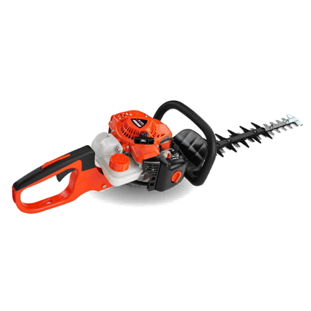 The ECHO 21.2CC HEDGE CLIPPER W/20IN is a gas-powered trimmer in red and black, featuring a long 20-inch blade, ergonomic handle, and visible engine components against a white background.