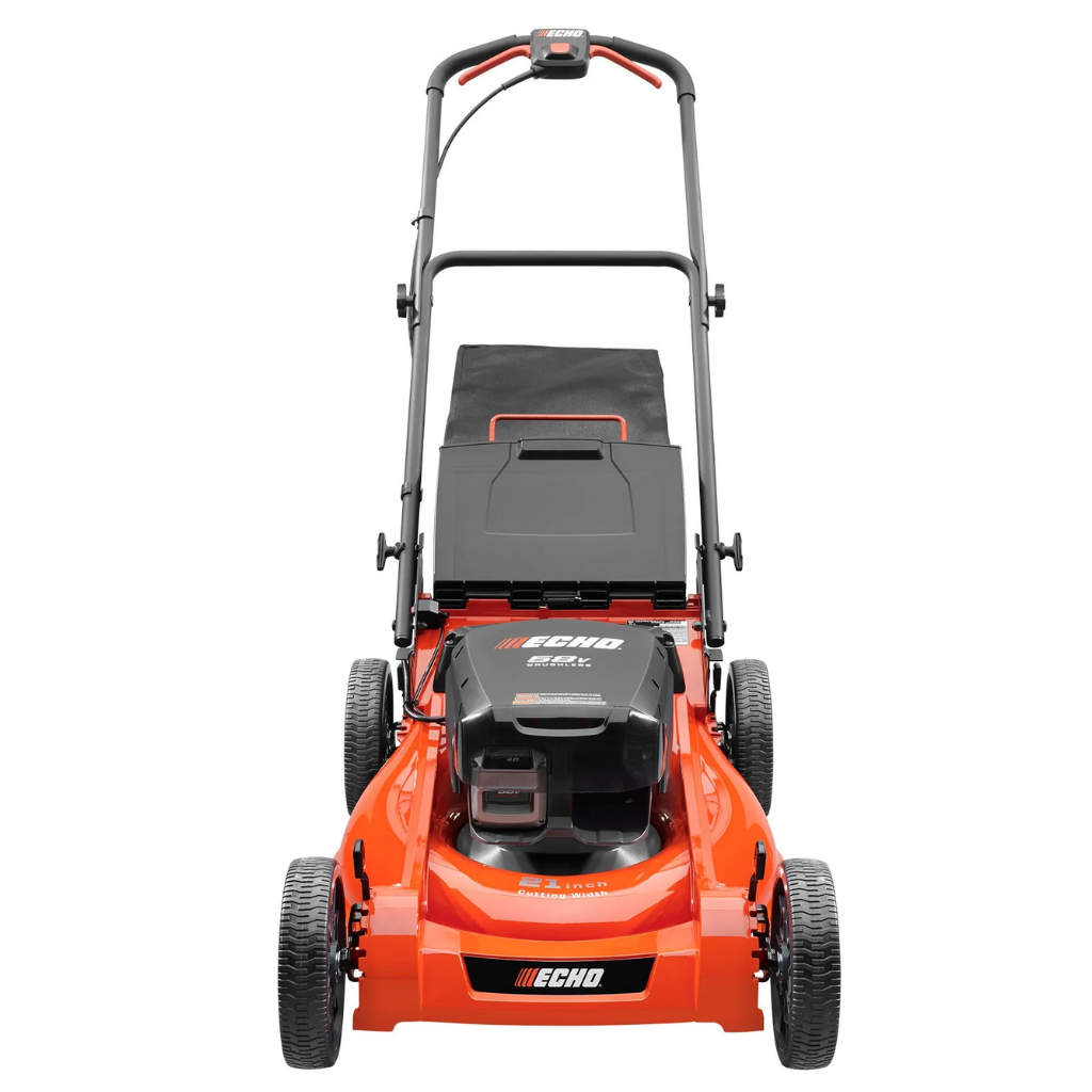 A front view of the orange and black ECHO 58V Lawn Mower with 4Ah Battery & Charger, featuring a grass collection bag attached at the back.
