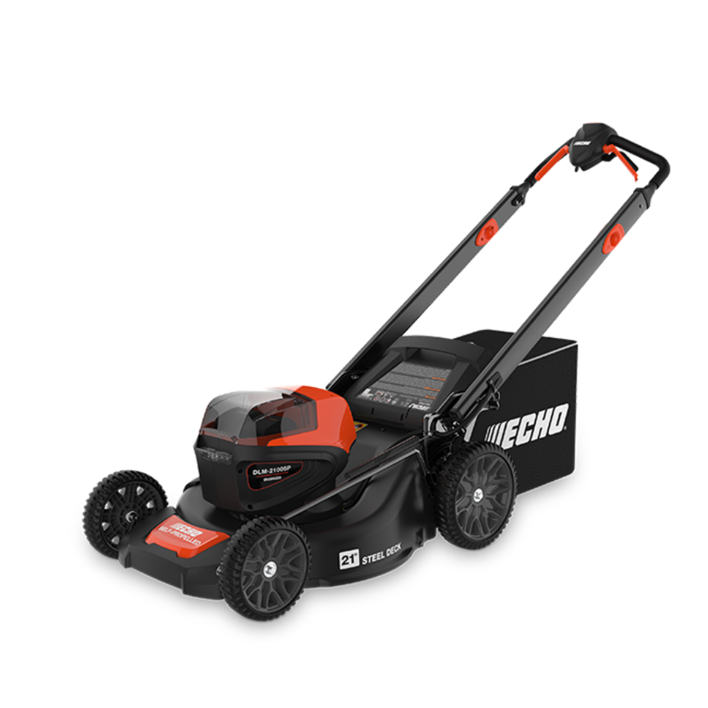 A 56V self-propelled lawn mower with a 5Ah battery, charger, grass collection bag, adjustable handle, and visible ECHO branding on the side.