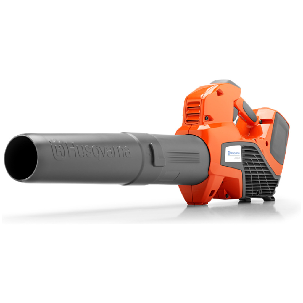 The HUSQVARNA 436LIB LI-ION H/H BLOWER, a cordless leaf blower in orange and black, is displayed on a white background from a low angle.
