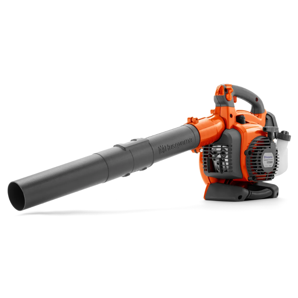 The HUSQVARNA 125 BVX BLOWER is an orange and black gas-powered handheld leaf blower with a long nozzle, gray handle, and visible engine components, shown on a white background.