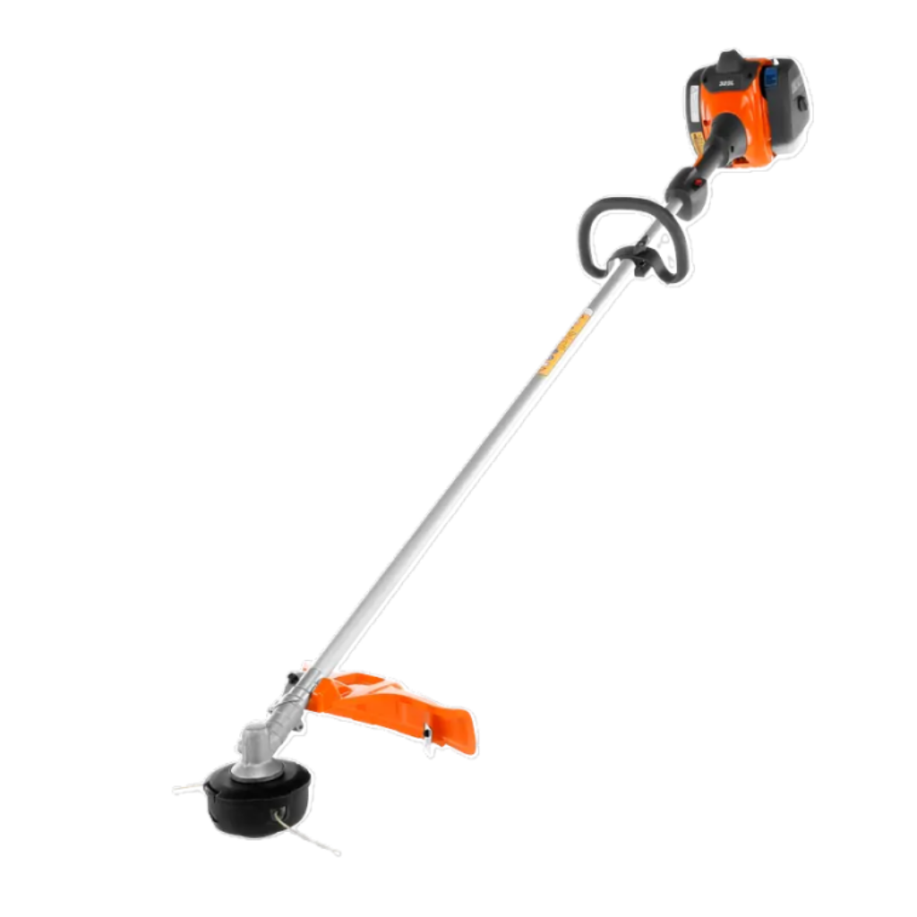 The HUSQVARA 329L 28CC Straight Shaft Trimmer features a gas-powered orange and black engine, a long silver shaft, and a dual-line cutting head.