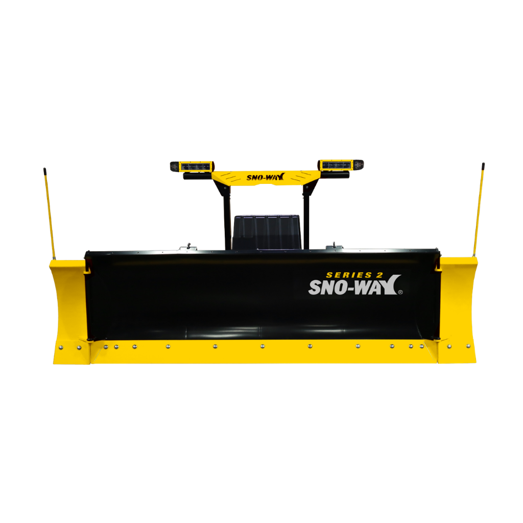 Front view of a SNOWAY 26R SERIES 2 DOWN PRESSURE HYDRAULICS snow plow in yellow and black, displaying its blade, lights, and mounting frame set against a white background.