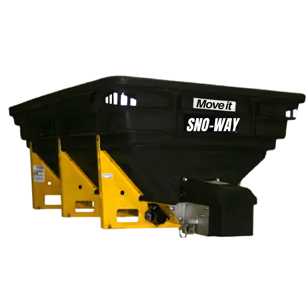 The SNOWAY SALTER MODEL RVB 1500 is a large black and yellow salt or sand spreader with 1.5 cu. yd capacity, designed for vehicle attachment.