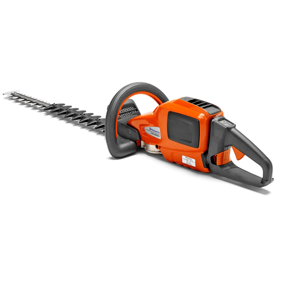 The HUSQVARNA 536LIHD60X BATTERY HEDGE UNIT is an orange and black cordless hedge trimmer with a long blade and ergonomic handle, shown on a white background.
