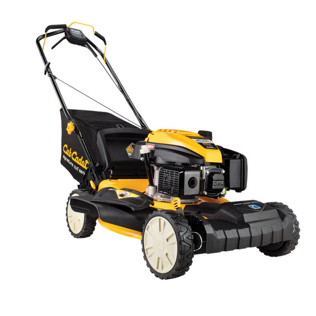The CUB CADET SC300 MOWER features a 21" deck, 159cc gas engine, yellow and black design, sturdy wheels, rear grass collection bag, and durable metal engine housing.