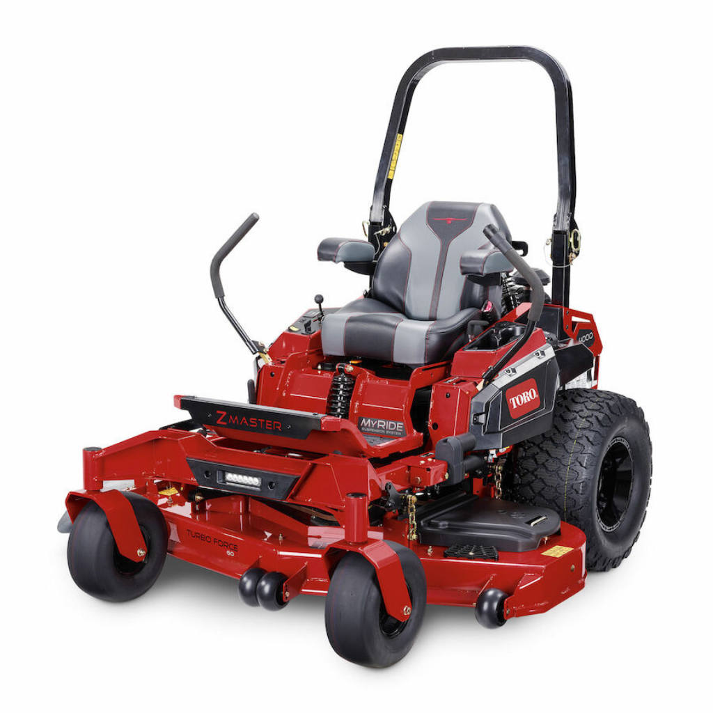 A red TORO Z MASTER 4000 60" DECK 31 HP KAWASAKI MYRIDE HDX VOODOO zero-turn mower with large rear tires, roll bar, and padded seat, shown from the front-right angle.