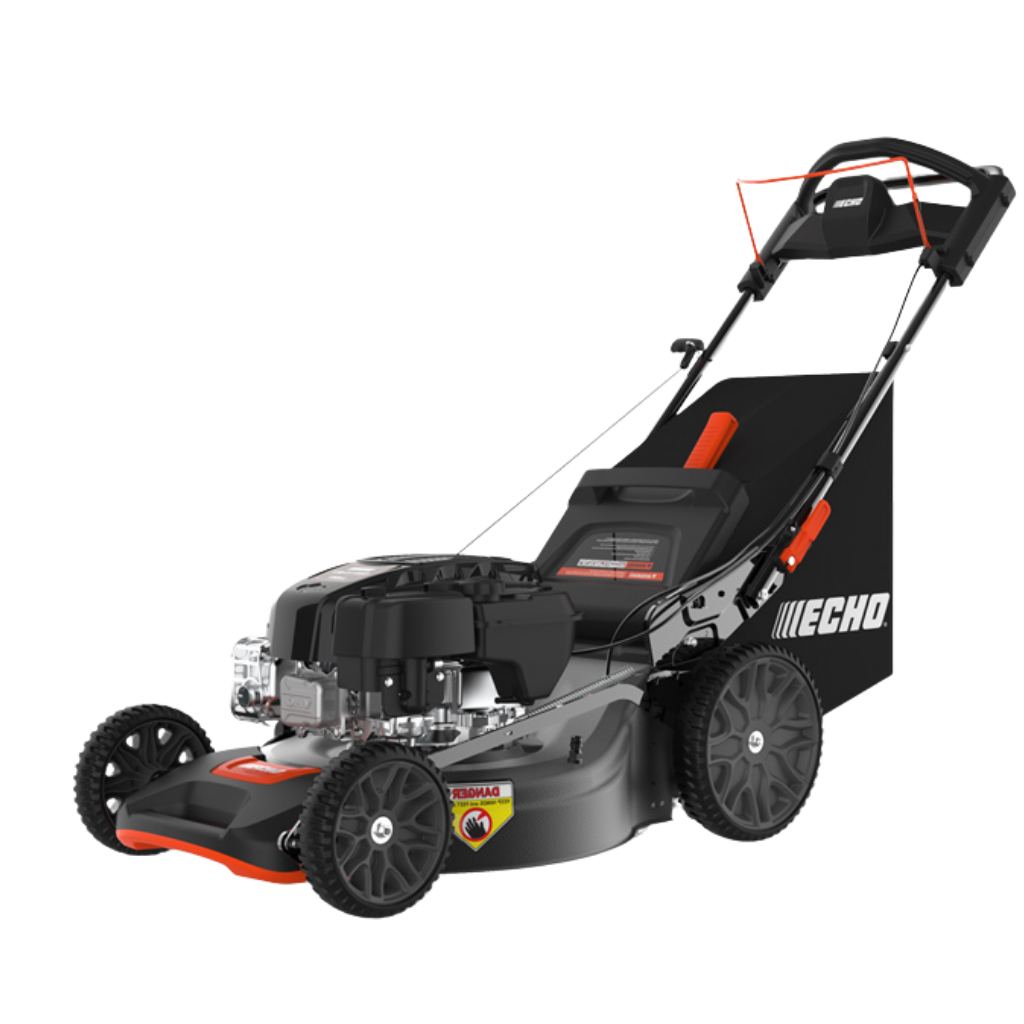The ECHO 21" Gas Lawn Mower is black and orange, features large rear wheels and a grass collection bag, and displays the Echo logo on the side.