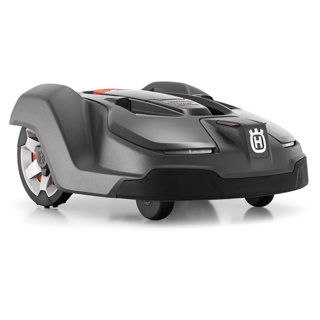 The HUSQVARNA 450X AUTOMOWER is a gray robotic lawn mower featuring a sleek, modern design, two large rear wheels, and the Husqvarna logo on its front.