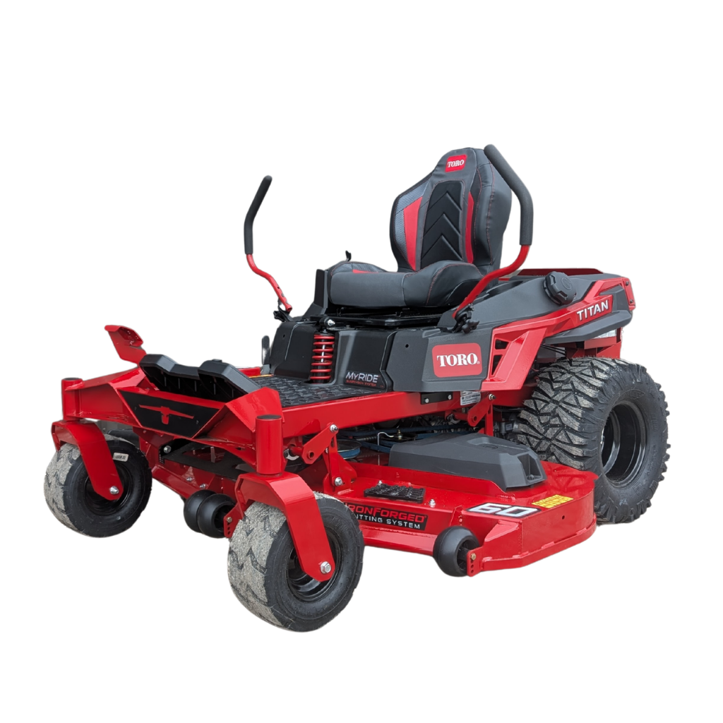 A TORO TITAN 60" DECK MYRIDE 26HP KOHLER zero-turn mower with large rear tires, a high-back seat, and control levers is shown on a white background.