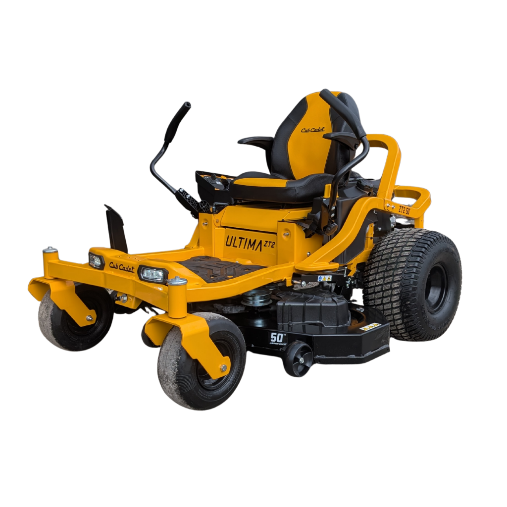 A yellow CUB CADET ZT2 with a 50" deck, 7.5MPH front speed, and 23HP Kawasaki engine features a black seat and control levers, shown at an angle on a white background.