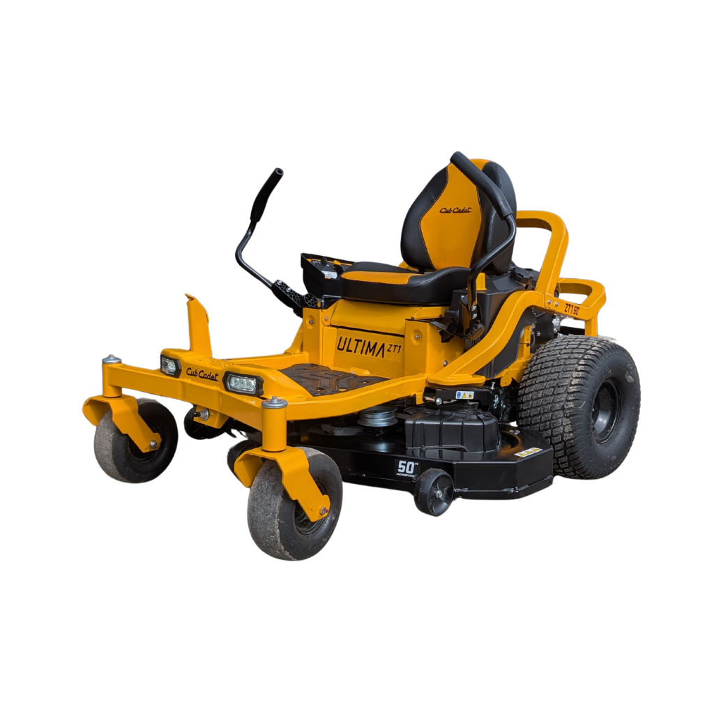 A yellow CUB CADET ZT1 50" DECK zero-turn lawn mower with a 726cc KAW engine, black seat, and steering levers, shown from the front left side.
