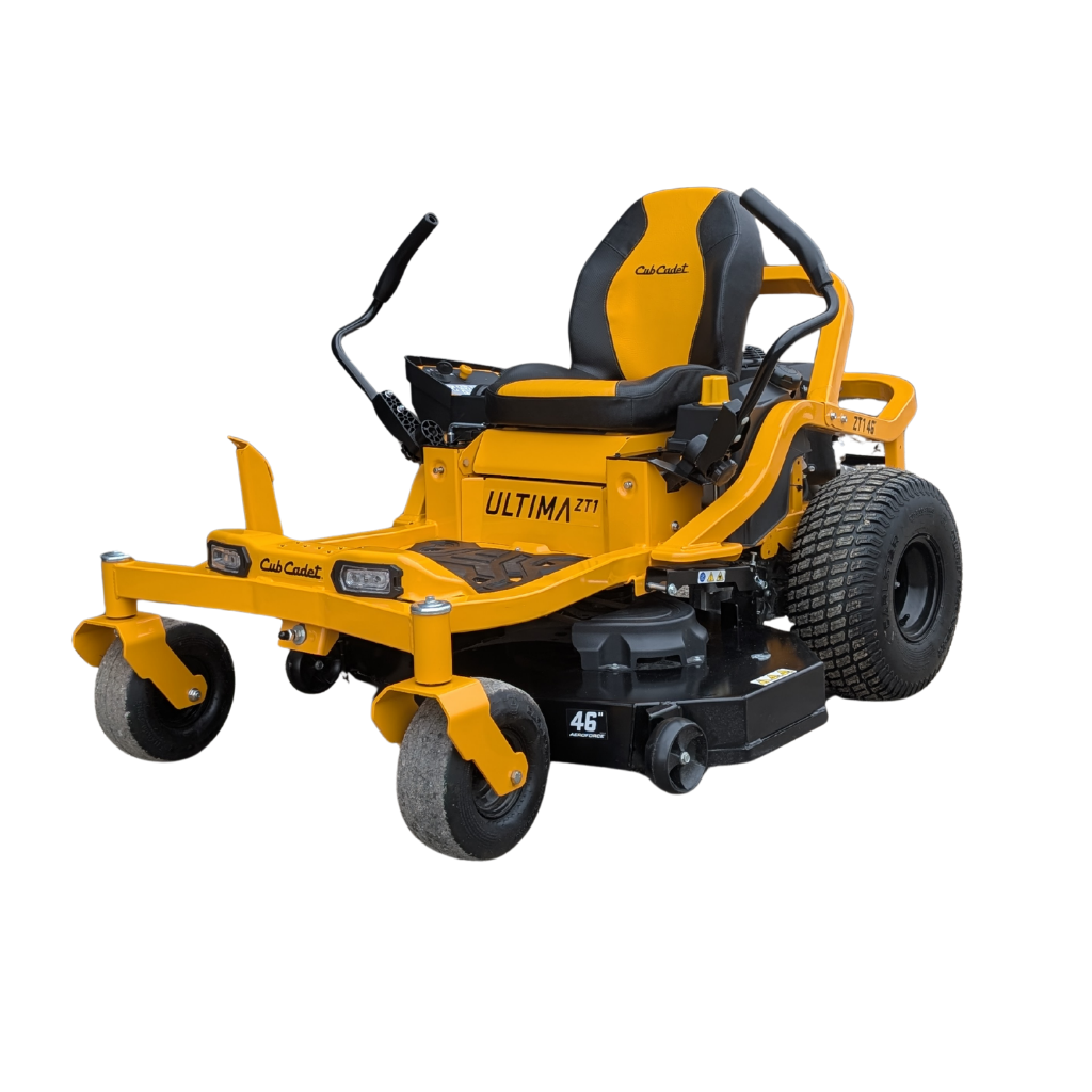 A yellow CUB CADET ZT1 46 mower with a 21.5HP/726cc engine, 46" deck, large rear tires, and dual steering levers.